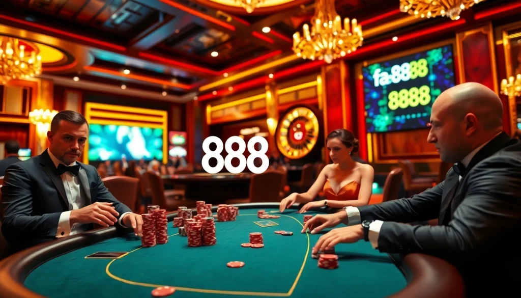 Experience the thrill of high-stakes play at fa88 casino, featuring luxurious tables, poker chips, and roulette wheels.