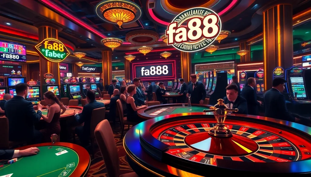 Experience the thrill of gambling at FA88, featuring poker tables, roulette wheels, and vibrant slot machines in a luxurious casino setting.