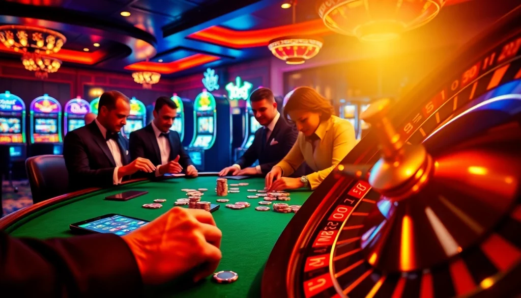 Jogoluck casino scene showcasing players engaged in an exciting poker game with vibrant slot machines in the background.