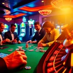Jogoluck casino scene showcasing players engaged in an exciting poker game with vibrant slot machines in the background.