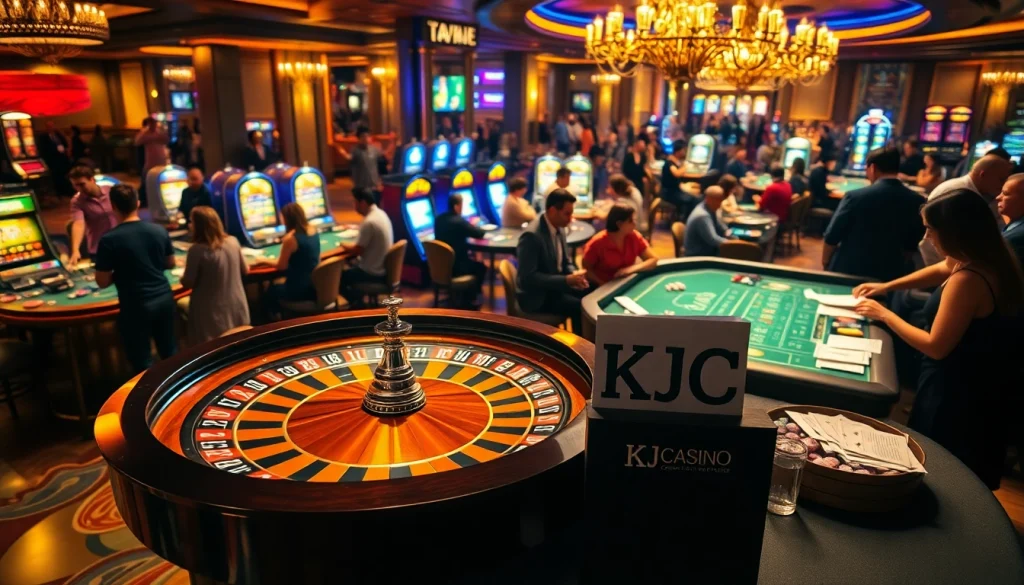 KJC-themed casino scene showcasing players at a roulette table with vibrant slot machines.
