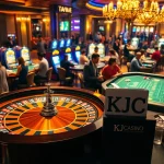 KJC-themed casino scene showcasing players at a roulette table with vibrant slot machines.