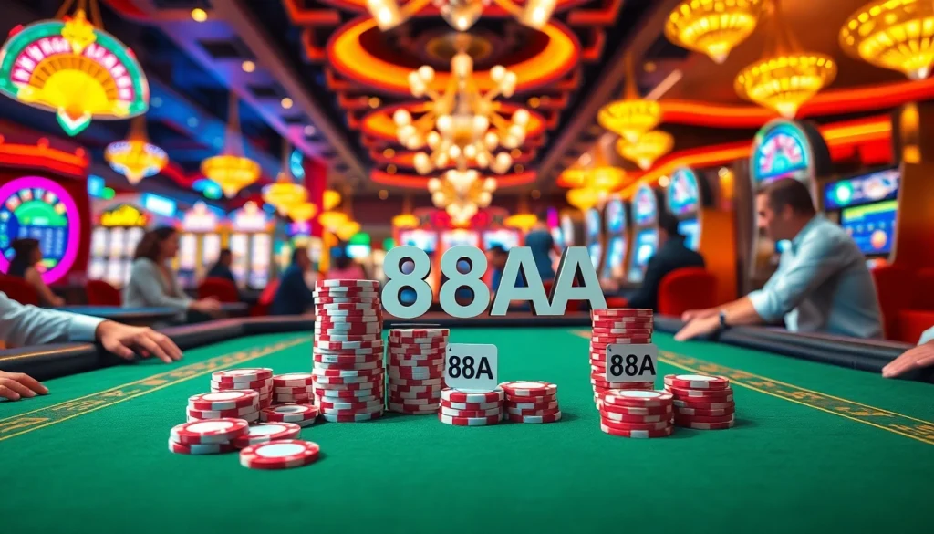 Experience thrilling gameplay at 88AA casino with players at poker tables and vibrant slot machines lighting up the scene.