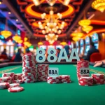 Experience thrilling gameplay at 88AA casino with players at poker tables and vibrant slot machines lighting up the scene.