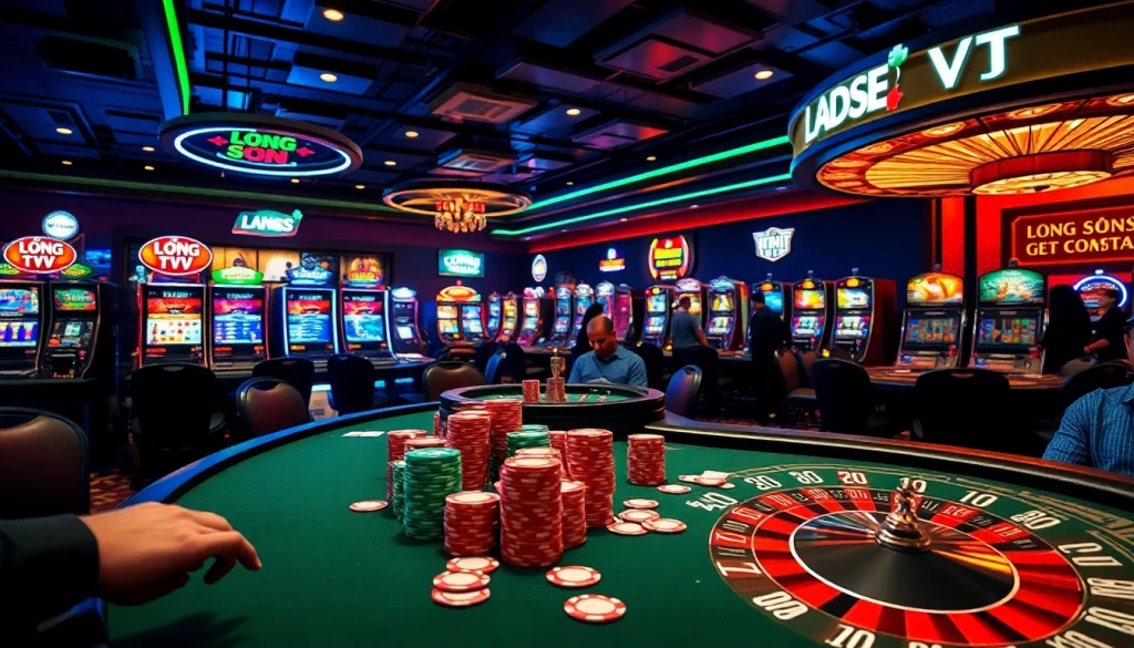Experience the thrill of gambling at Lương sơn TV's vibrant casino tables with players engaged in high-stakes poker.