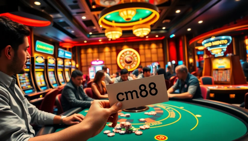 Engage in a high-stakes poker game at the cm88 casino, featuring diverse players, flashing slot machines, and an elegant roulette wheel.
