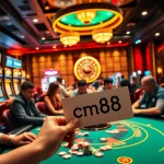 Engage in a high-stakes poker game at the cm88 casino, featuring diverse players, flashing slot machines, and an elegant roulette wheel.