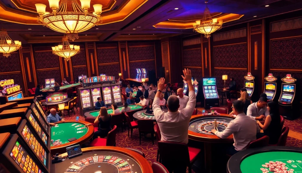 Enthusiastic players at luxury games with vibrant slot machines at https://789ff.biz/, capturing the thrill of casino gambling.
