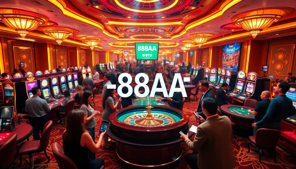 Experience thrilling gameplay at 88AA casino, with players enjoying roulette and poker amidst luxurious surroundings.