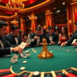 Excited players enjoying high-stakes poker at the 888b casino, with vibrant decor and animated atmosphere.