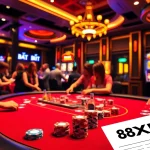 Experience the thrill of gambling at 8XBET's lively poker table with colorful chips and intense players.