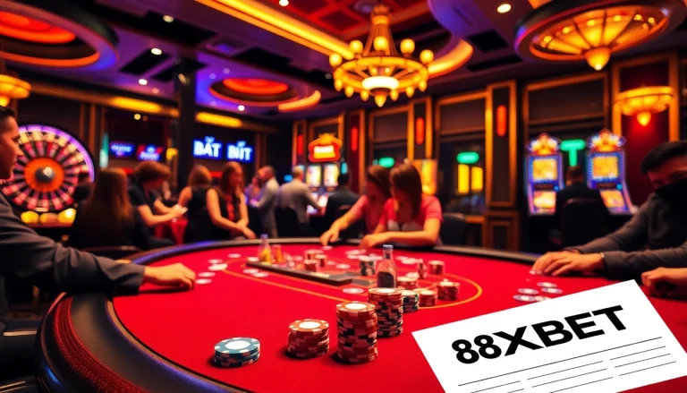 Experience the thrill of gambling at 8XBET's lively poker table with colorful chips and intense players.