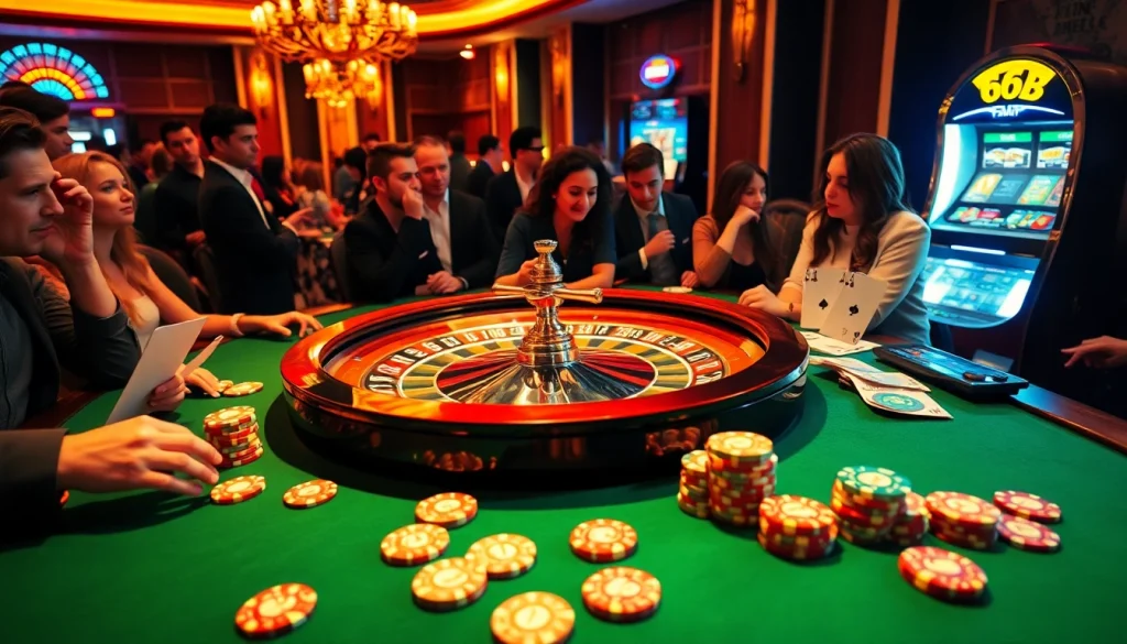 Experience the thrill of 66B at a vibrant casino, featuring roulette wheels and excited players.
