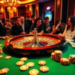 Experience the thrill of 66B at a vibrant casino, featuring roulette wheels and excited players.