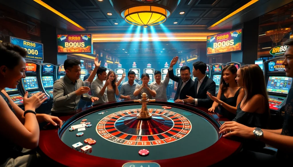 RR88 players engaging at a roulette table with colorful chips and cards in a luxurious casino setting.