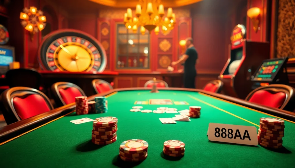 Engaging poker table scene highlighting 88AA-themed chips and cards, showcasing a luxurious casino atmosphere.