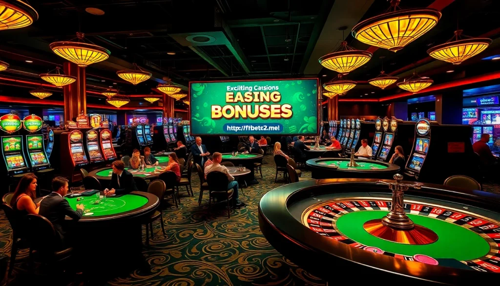 Exciting casino scene with players at poker and roulette tables capturing the thrill of gambling at https://f8beta2.me/.