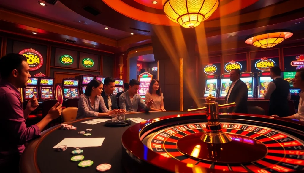 Exciting casino scene with players engaging at a roulette wheel, featuring vibrant 88AA elements and thrilling atmosphere.