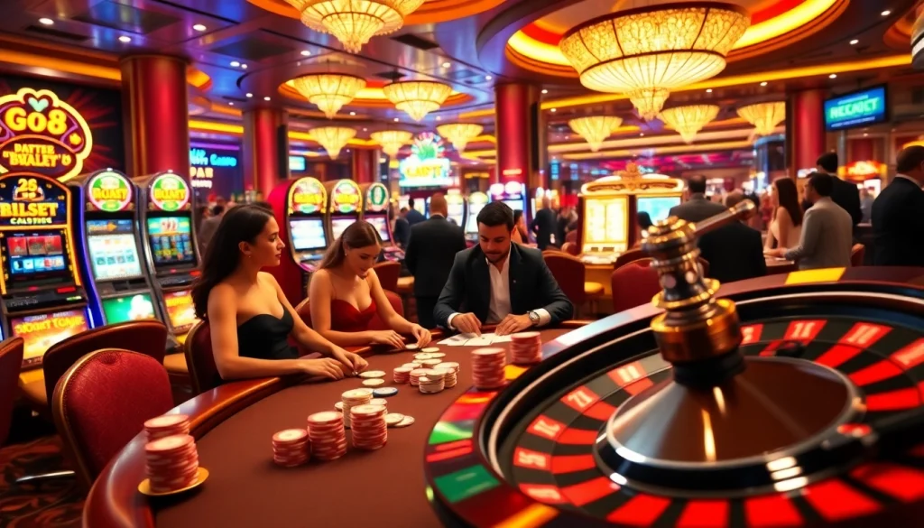 Enjoying an exhilarating poker game at a luxurious casino while aiming to go8 for the jackpot with vibrant chips and cards.