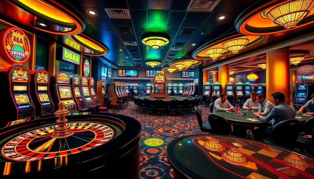 88AA casino scene depicting thrilling poker games, vibrant slot machines, and dynamic roulette tables in an exciting environment.