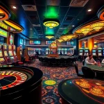88AA casino scene depicting thrilling poker games, vibrant slot machines, and dynamic roulette tables in an exciting environment.
