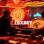 Players celebrate big wins at an 8XBET live casino table featuring blackjack and roulette.
