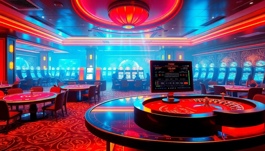 Experience nha cai f168 at a vibrant online casino, featuring exciting poker and roulette tables adorned with shiny chips.