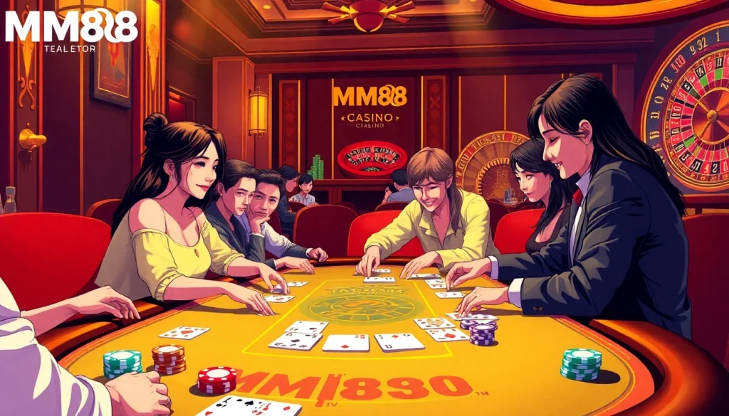 MM88 poker table showcasing players in an exciting gambling atmosphere, featuring cards, chips, and a roulette wheel.