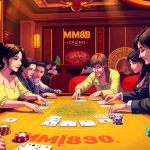 MM88 poker table showcasing players in an exciting gambling atmosphere, featuring cards, chips, and a roulette wheel.