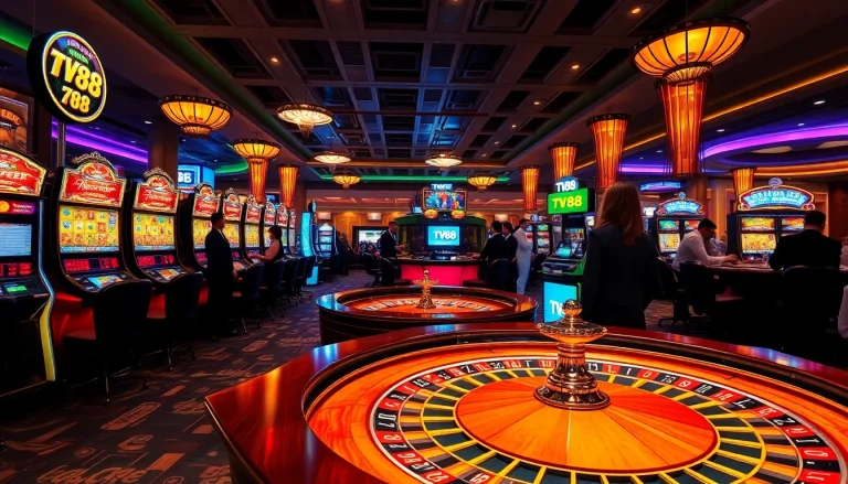 Experience the thrilling atmosphere at TV88 casino, where players engage with exciting slot machines and roulette tables.