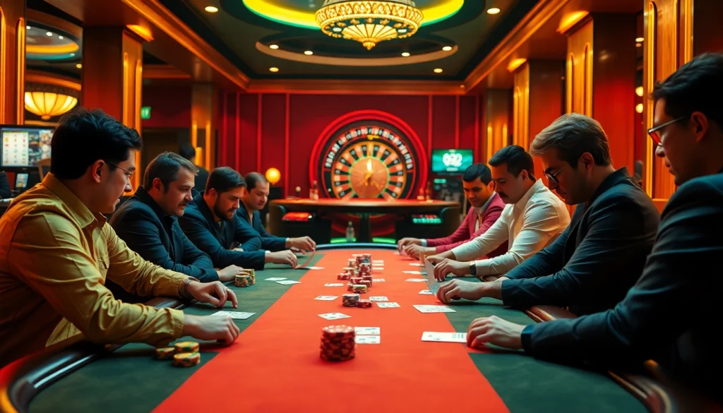 Players engaging with poker at the casino table in e28, emphasizing excitement and strategy.