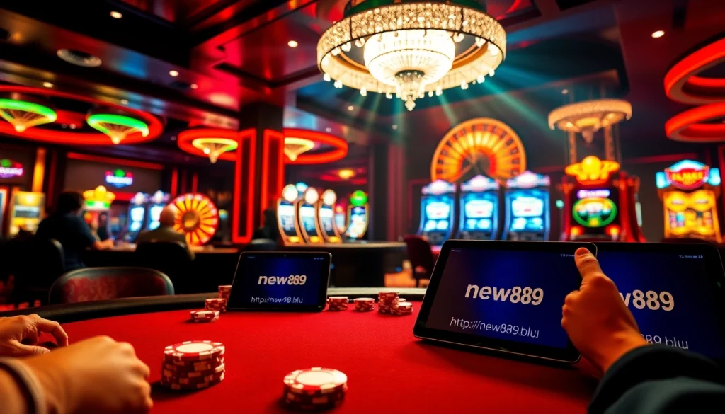 Experience the excitement of poker at https://new889.blue with players and vibrant chips in a dazzling casino setting.