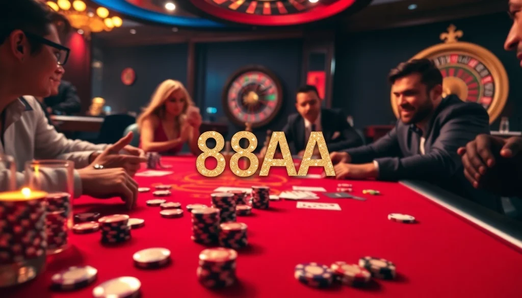 88AA poker table scene with intense players, vibrant chips, and winning cards in a thrilling casino light.