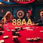 88AA poker table scene with intense players, vibrant chips, and winning cards in a thrilling casino light.