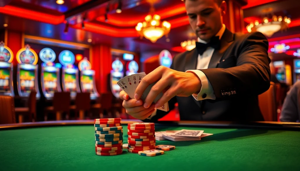 Experience king88 with a thrilling poker game setup featuring vibrant chips and a skilled dealer.