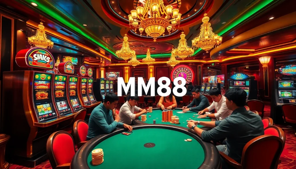 Immerse in the MM88 casino experience with players at the poker table and vibrant slot machines.