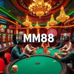 Immerse in the MM88 casino experience with players at the poker table and vibrant slot machines.