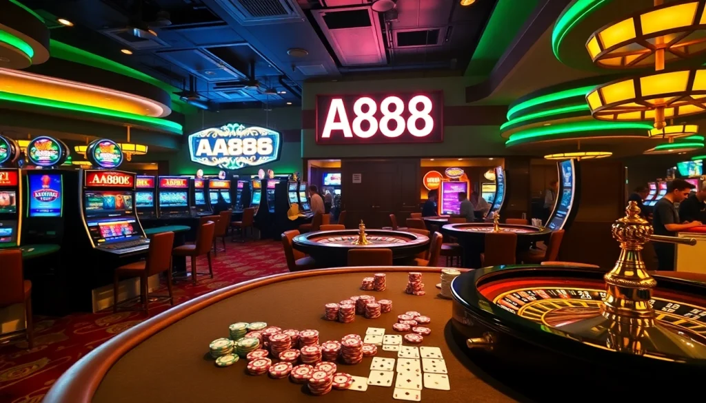 Experience high-stakes action at AA888 casino tables featuring vibrant slot machines and excited players.