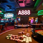Experience high-stakes action at AA888 casino tables featuring vibrant slot machines and excited players.