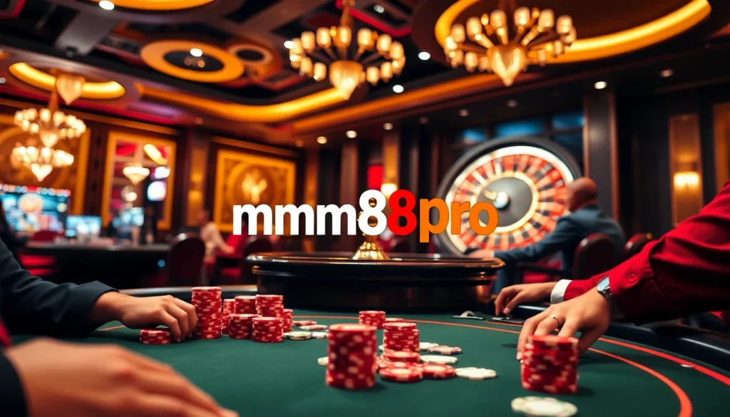 Players enjoying high-stakes poker at mm88pro casino, full of excitement and anticipation amidst glittering chips and cards.