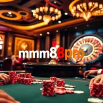 Players enjoying high-stakes poker at mm88pro casino, full of excitement and anticipation amidst glittering chips and cards.