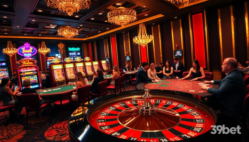 Experience the thrill of gambling at 39bet with players at a vibrant casino table, surrounded by roulette wheels and chips.