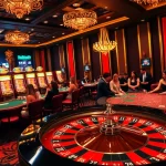Experience the thrill of gambling at 39bet with players at a vibrant casino table, surrounded by roulette wheels and chips.