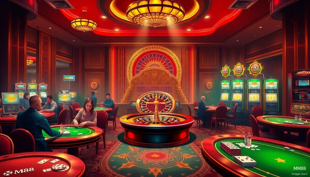 MM88 casino with vibrant poker games, roulette wheel, and lively players.