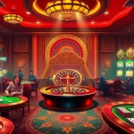 MM88 casino with vibrant poker games, roulette wheel, and lively players.