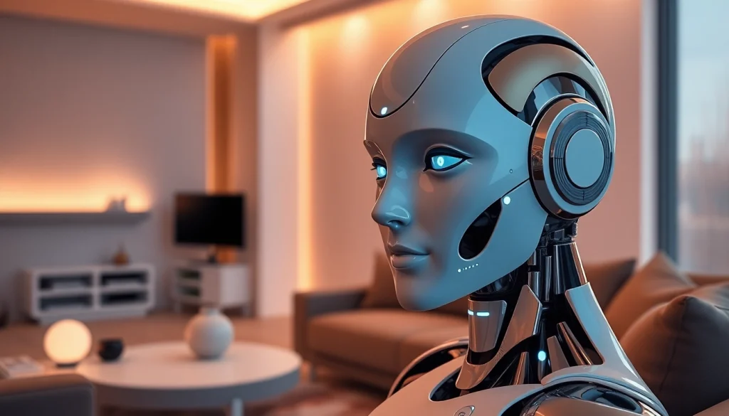 Engaging sex bot showcasing lifelike features in a modern living space.