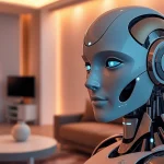 Engaging sex bot showcasing lifelike features in a modern living space.
