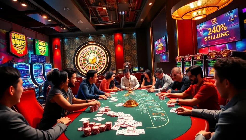 Players thrilled at the qq88 to poker table, chips flying in a vibrant casino atmosphere.