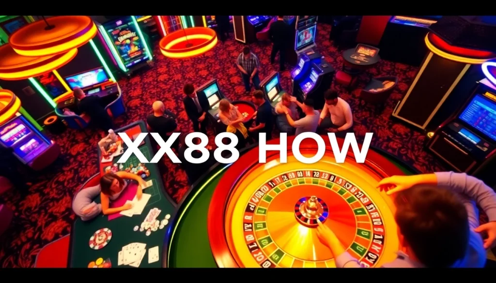 Players engaging with a roulette wheel in an exciting casino setting, showcasing XX88 HOW's vibrant gaming atmosphere.