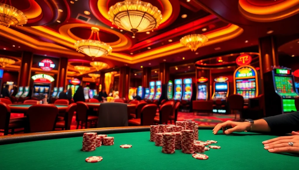 Exciting scene of casino players at mm88 poker table, chips and cards vividly displayed.